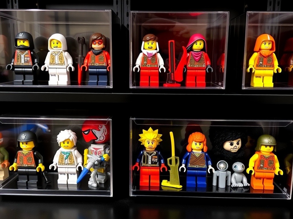 rare LEGO minifigures displayed in premium protective cases with accessories stored separately