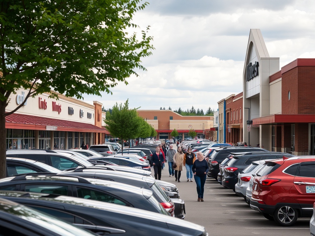 busy Lloydminster shopping area on Saturday with full parking lot and people walking, dynamic scene