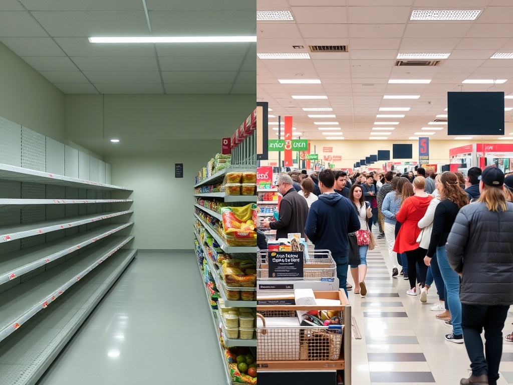 contrast split image calm empty store aisle vs crowded busy checkout line in Lloydminster