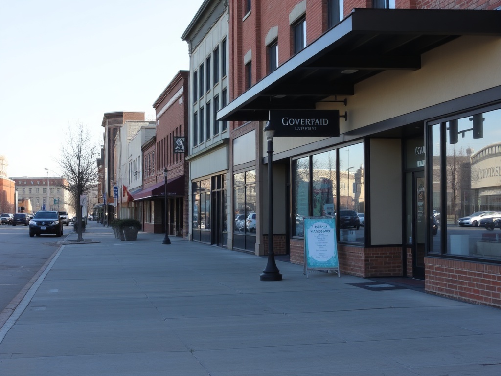 downtown Lloydminster quiet midweek morning with empty sidewalks and storefronts, soft natural light