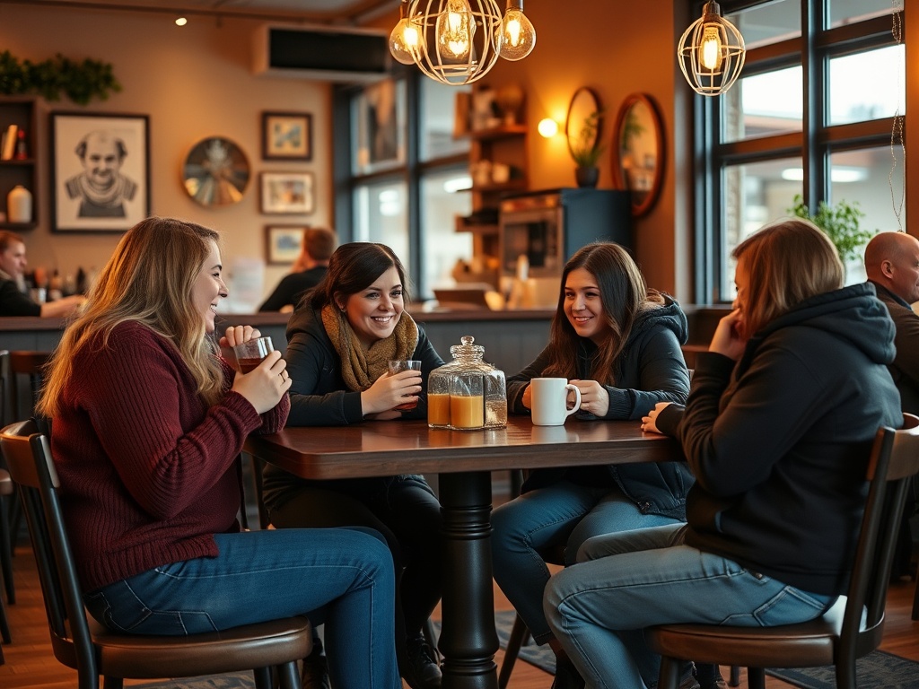 friends meeting at cozy local cafe in Lloydminster with warm lighting and relaxed vibe