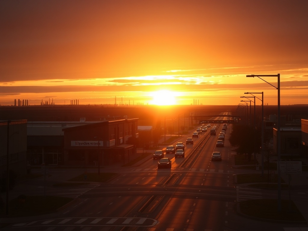 golden prairie sunrise over Lloydminster streets with light traffic and calm atmosphere, cinematic lighting