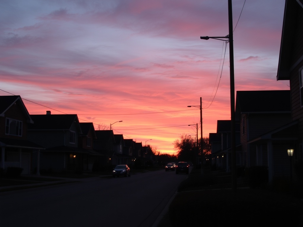 peaceful Lloydminster neighborhood evening with sunset and quiet streets