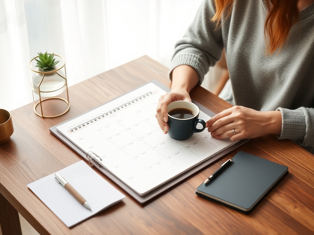 person organizing weekly planner with coffee on table, calm focused environment