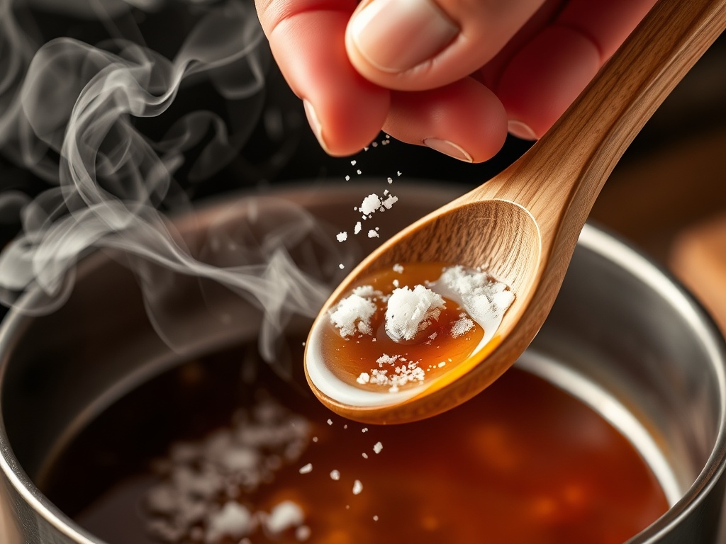 adding salt pinch by pinch chef tasting sauce wooden spoon steam