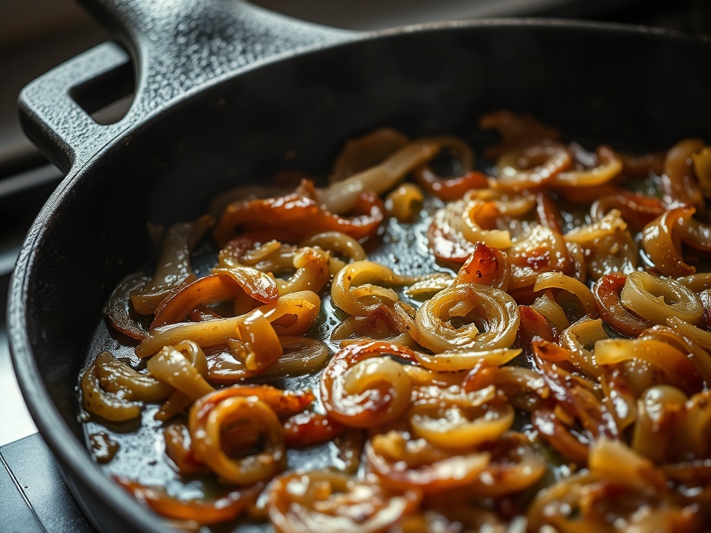 cast iron pan with caramelized onions deep golden brown close up moody kitchen lighting