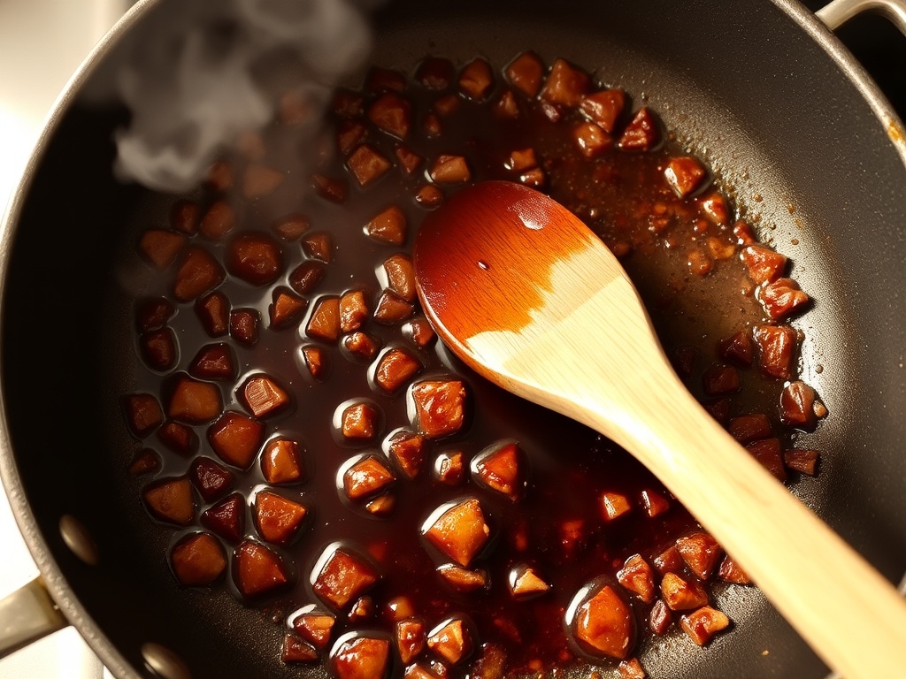 pan deglazing with wine steam rising scraping browned bits wooden spoon