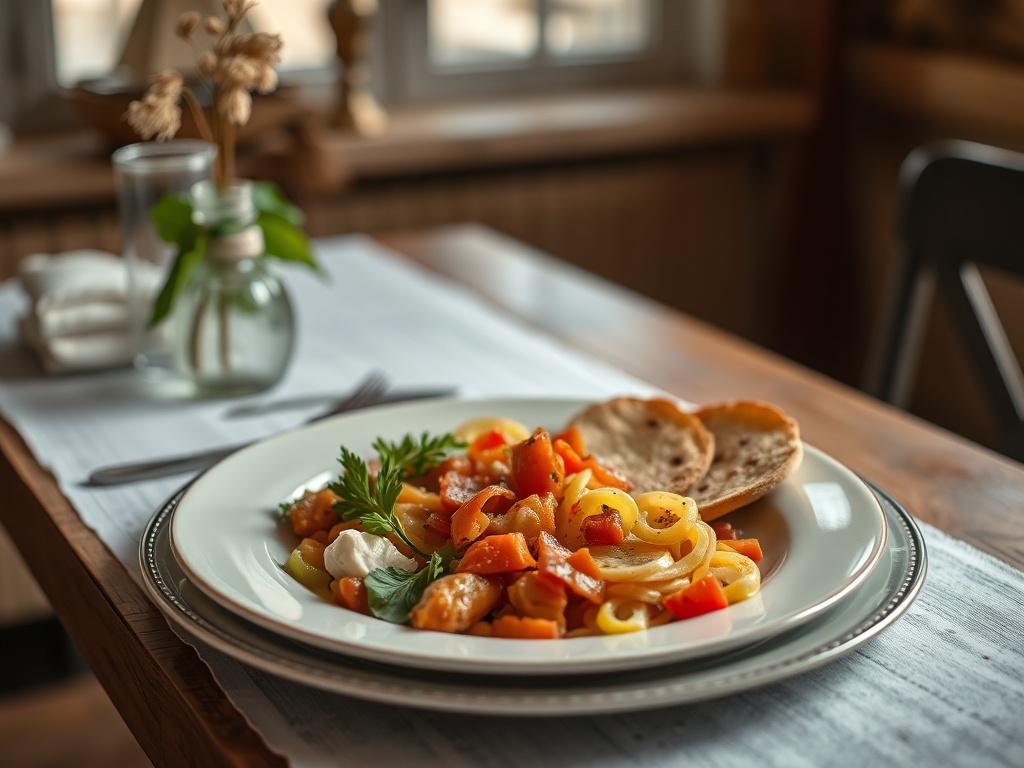 simple home cooked meal plated beautifully rustic table natural light inviting