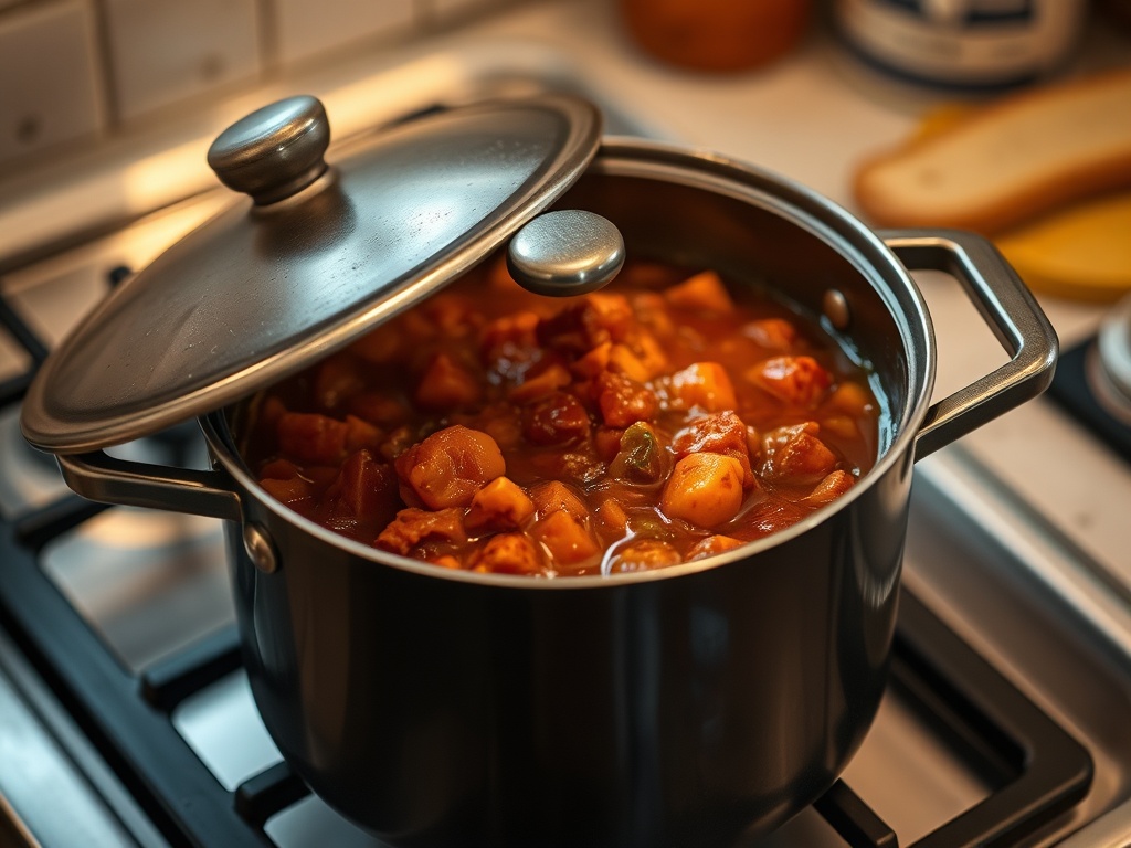 slow simmer pot lid slightly open rich stew bubbling gently low light kitchen