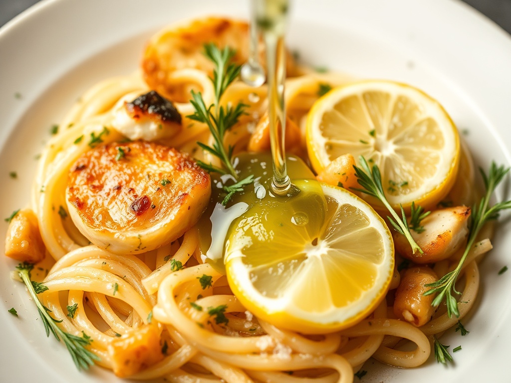 splash of lemon juice over finished dish fresh herbs garnish close up