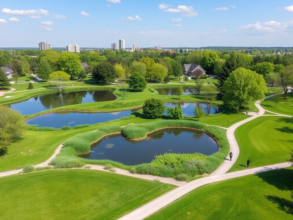 a large public park in Longueuil with green spaces, ponds, and walking trails