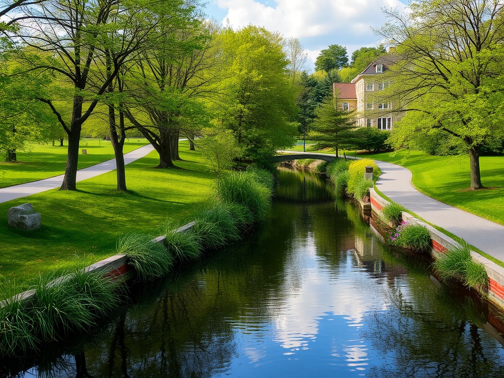 a peaceful park in Longueuil, Quebec, with walking paths along a river