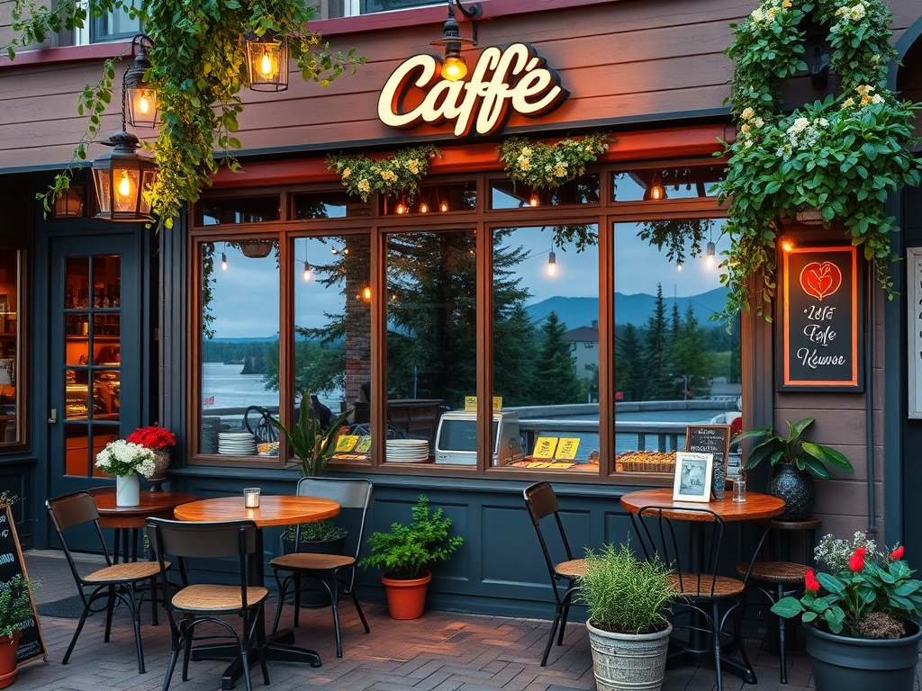 a vibrant and scenic local cafe in Longueuil, Quebec, with outdoor seating, cozy ambiance, and Quebecois-inspired decor