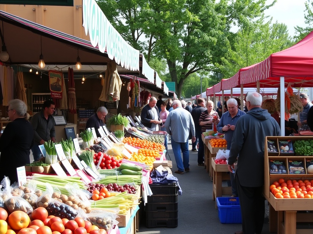 bustling outdoor market in Longueuil, Quebec, with vendors selling fresh produce and artisanal products