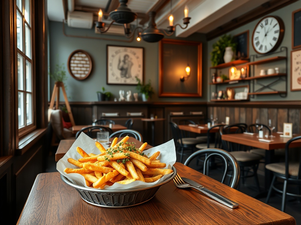 rustic French cafe with Quebecois decor, poutine on the table