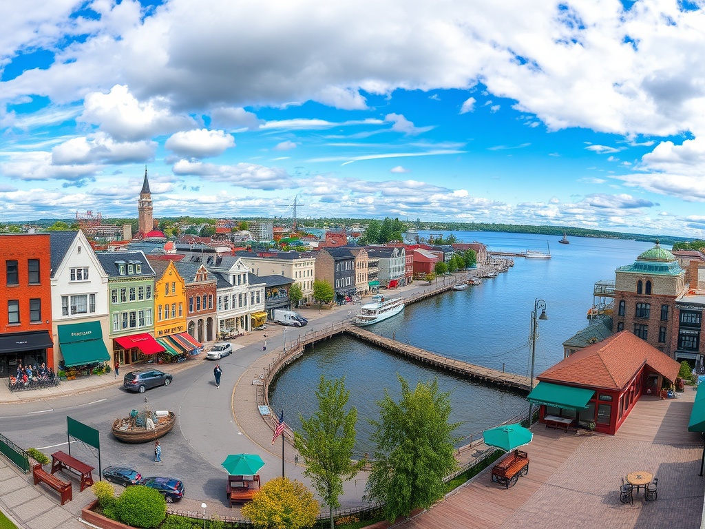 A panoramic view of Longueuil's colorful streets and riverfront with local cafes