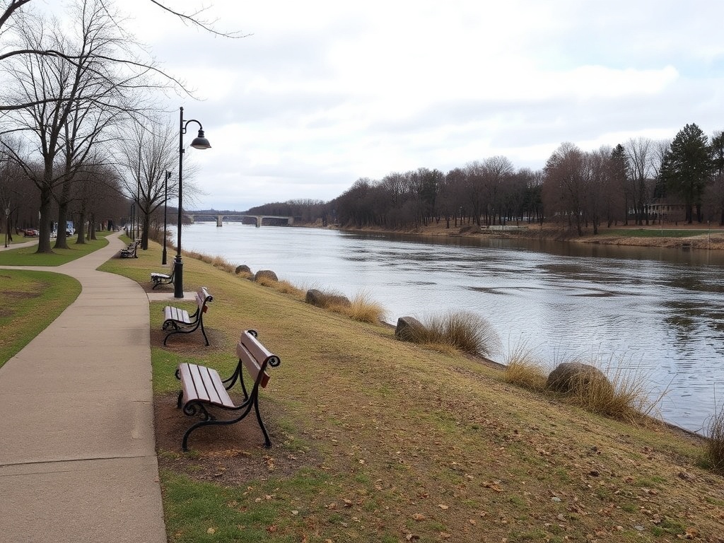 A scenic riverfront park with walking trails and benches