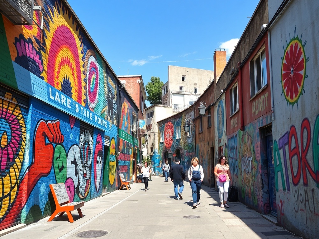 Colorful mural alley with street art and pedestrians