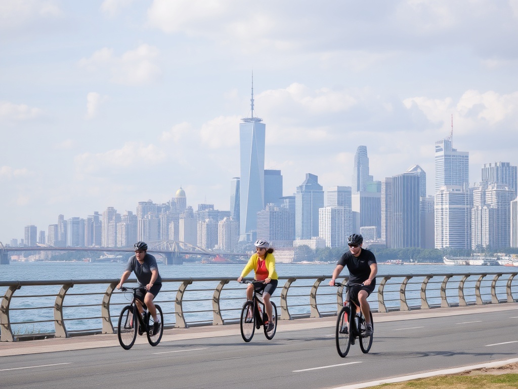 Cyclists riding along a riverside promenade with city skyline in the background