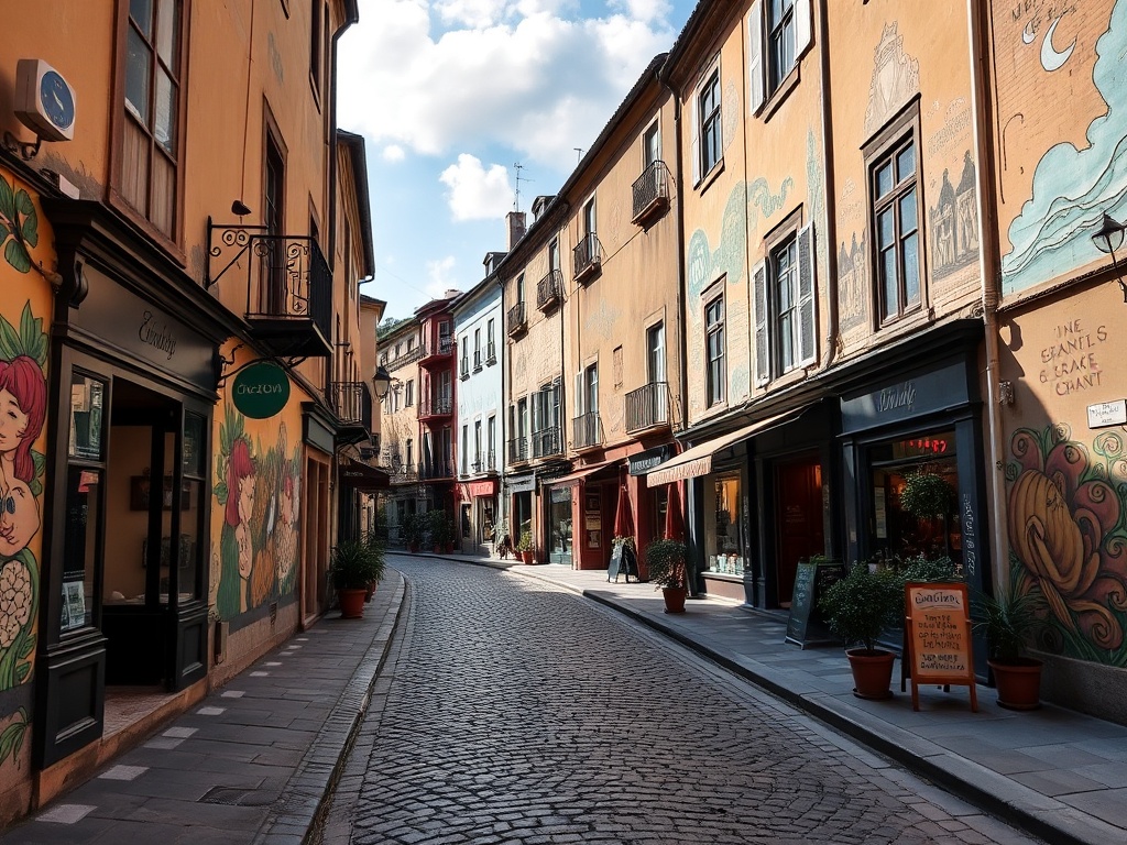 Historic cobblestone street with murals and small boutique shops