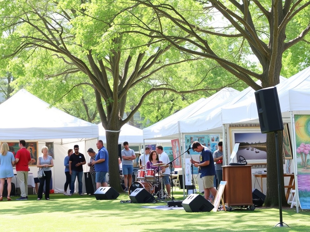 Outdoor arts festival with live performances and artist booths