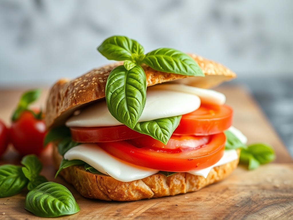 vivid description of a Caprese salad sandwich with mozzarella, tomatoes, and basil