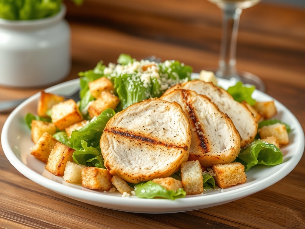 vivid description of a grilled chicken Caesar salad with croutons and parmesan