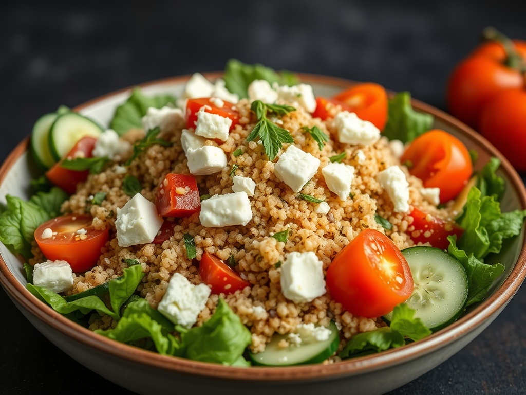 vivid description of a Mediterranean quinoa salad with cucumbers, tomatoes, and feta