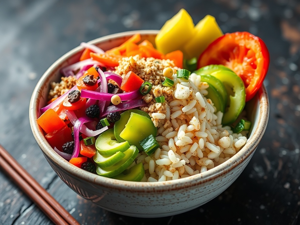 vivid description of a poke bowl with colorful toppings