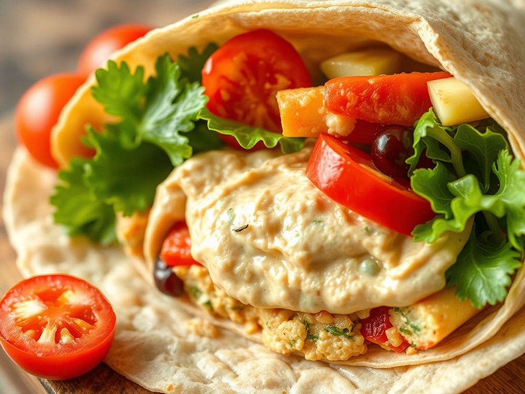 vivid description of a veggie wrap with hummus and fresh vegetables