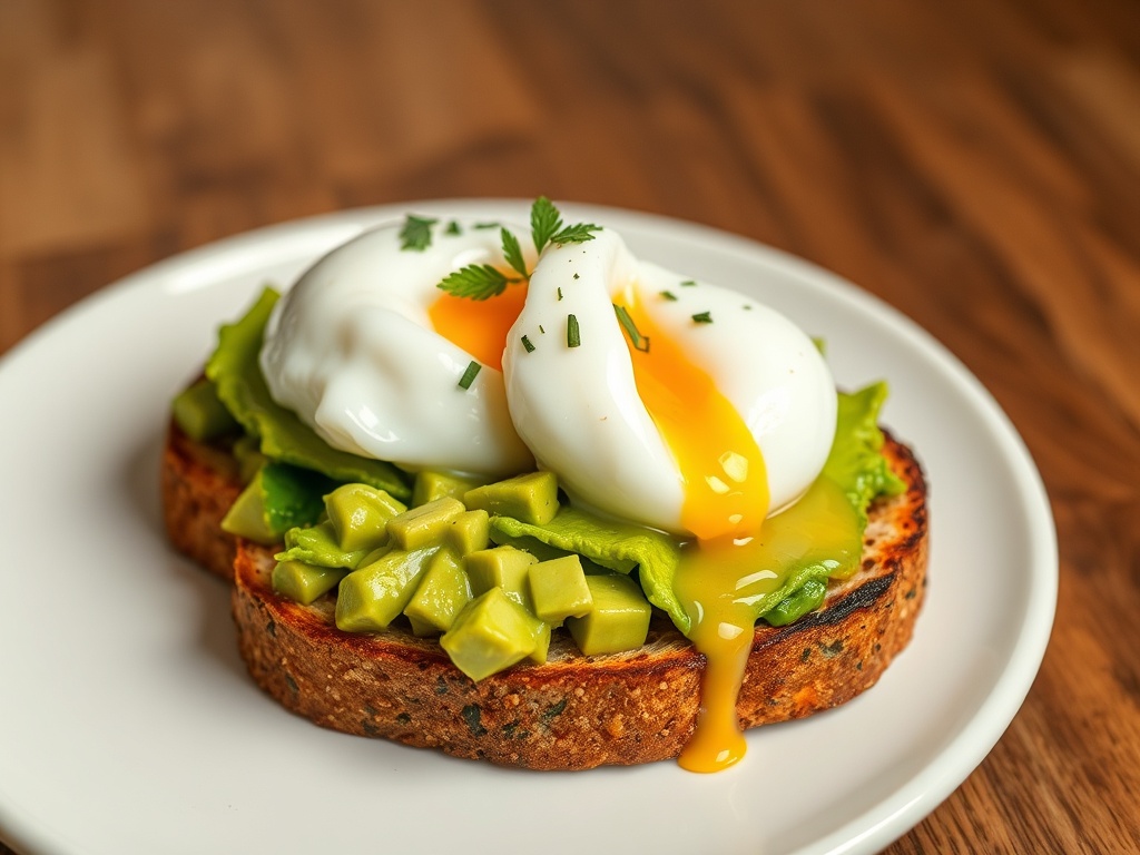 vivid description of avocado toast with poached eggs