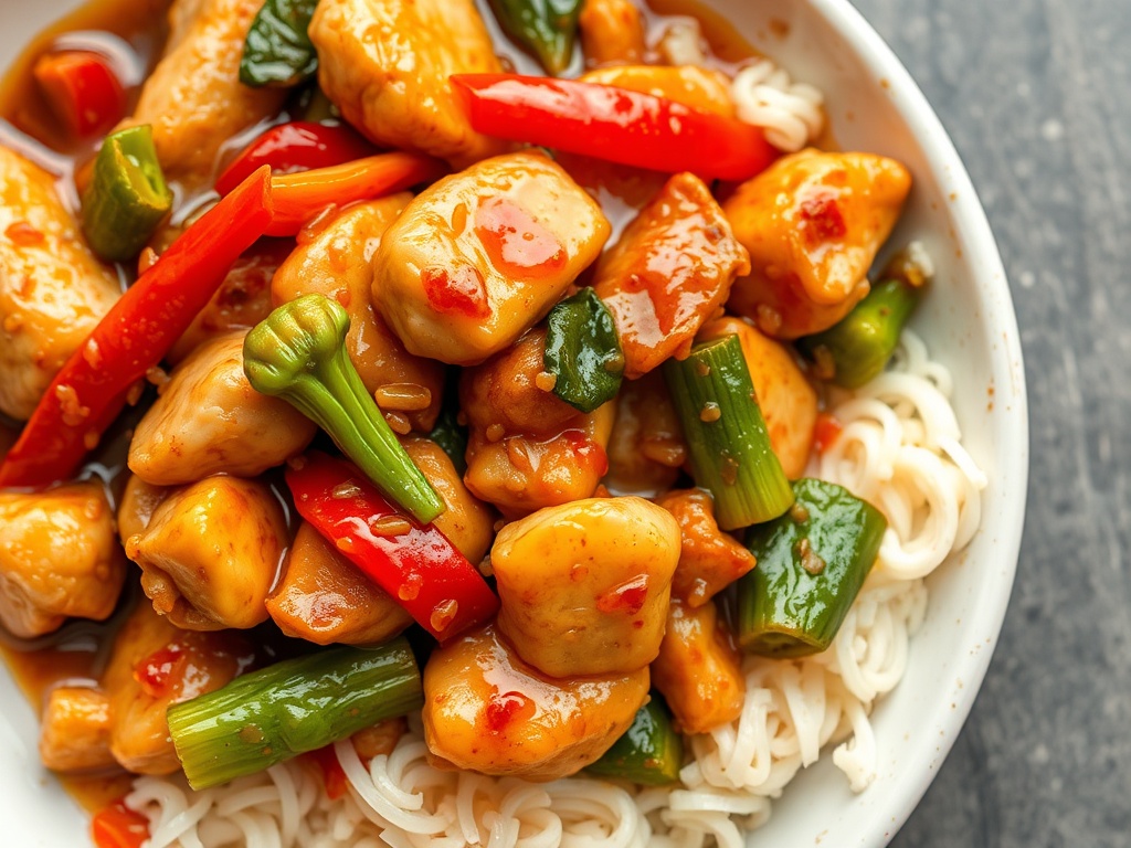 vivid description of chicken and veggie stir-fry with a savory sauce