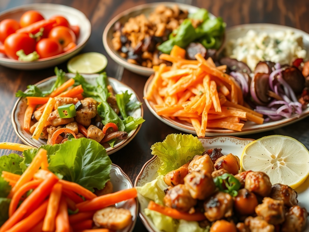 vivid description of colorful and varied lunch plates with vibrant vegetables and proteins