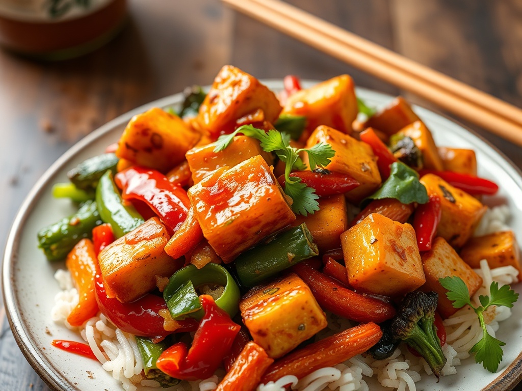 vivid description of spicy Sriracha tofu stir-fry with vegetables