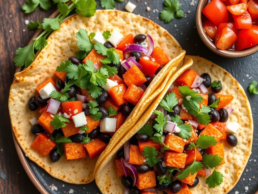 vivid description of sweet potato and black bean tacos with fresh toppings