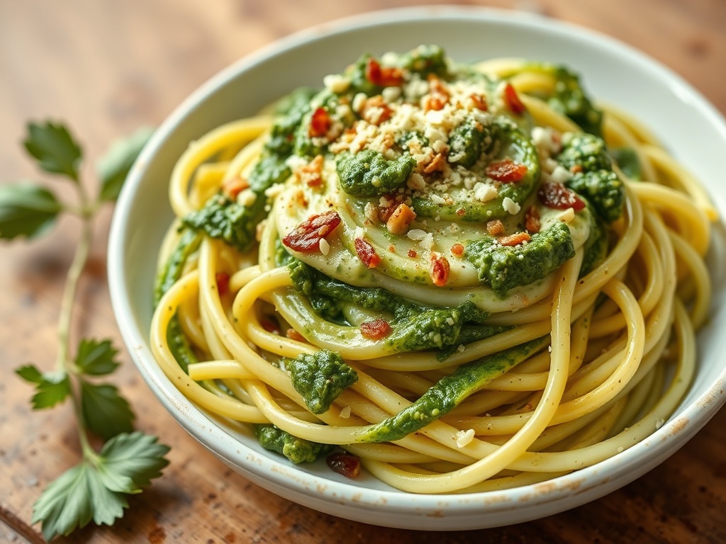 vivid description of zucchini noodles with creamy pesto sauce