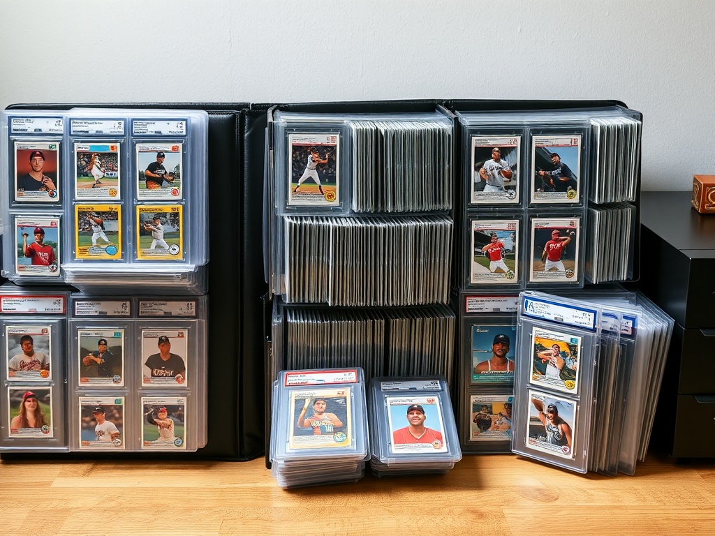 a neatly organized trading card collection with binders, sleeves, and graded cards displayed under soft lighting