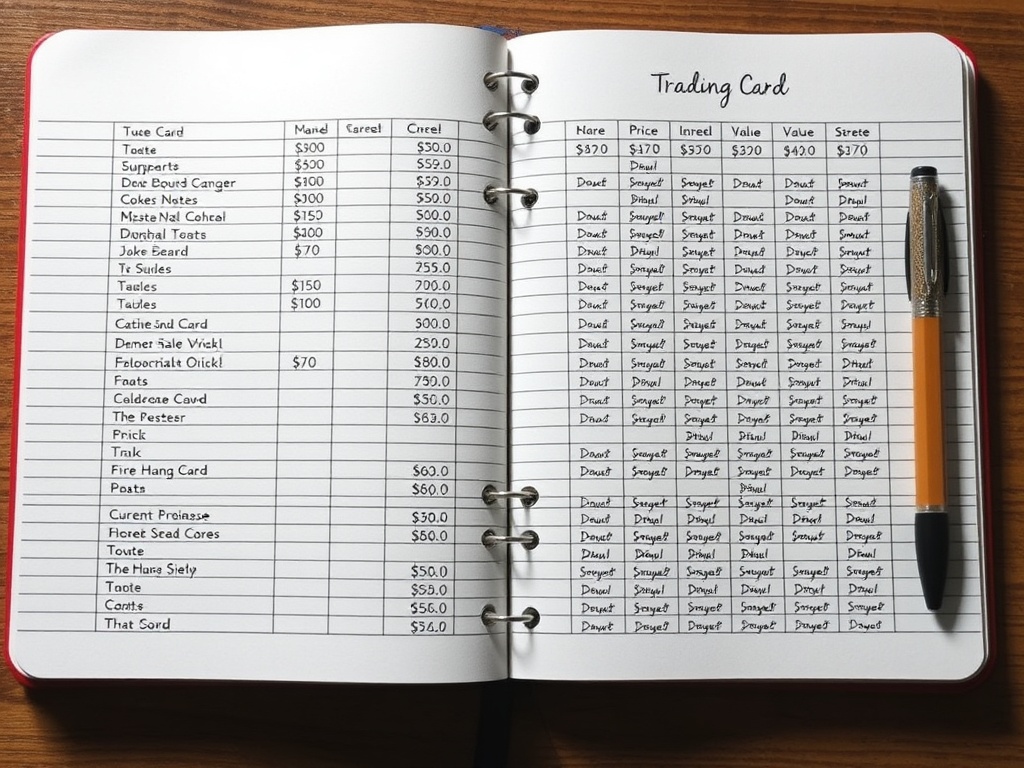 clean spreadsheet or notebook tracking trading card inventory, purchase price, and current value