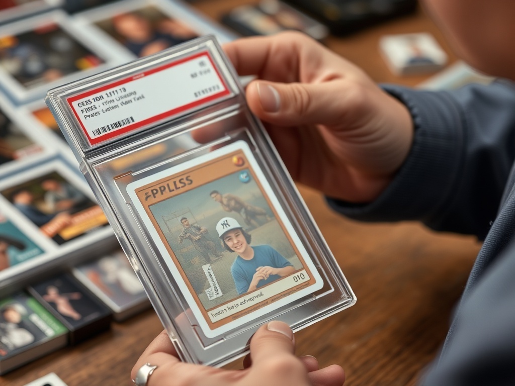 collector carefully placing a trading card into a protective sleeve and top loader with precision