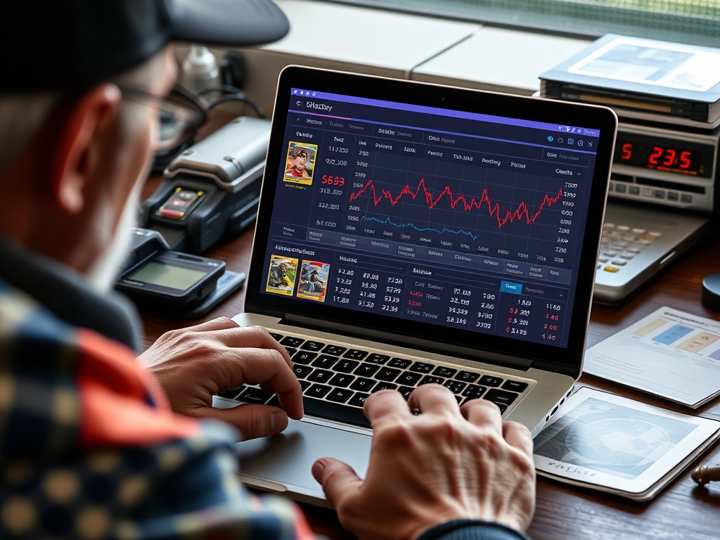 collector reviewing recent trading card sales data on a laptop with charts and price trends visible