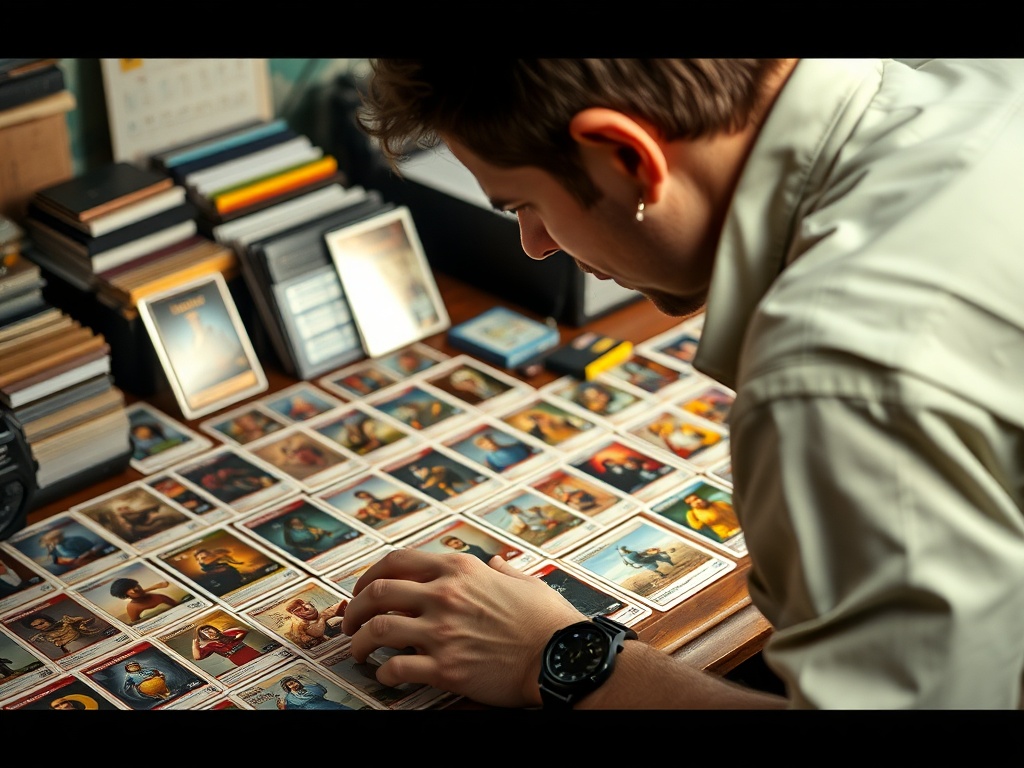 focused collector reviewing a curated set of high-value trading cards laid out on a desk