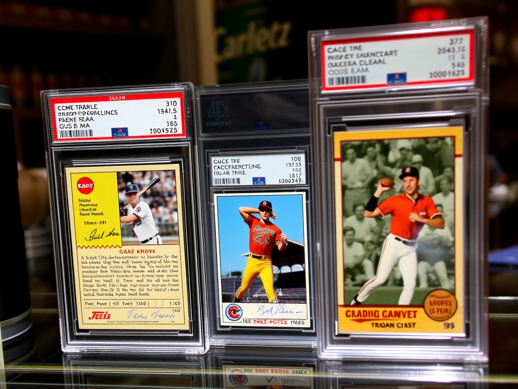 graded trading cards in protective slabs with visible condition ratings lined up in a display case