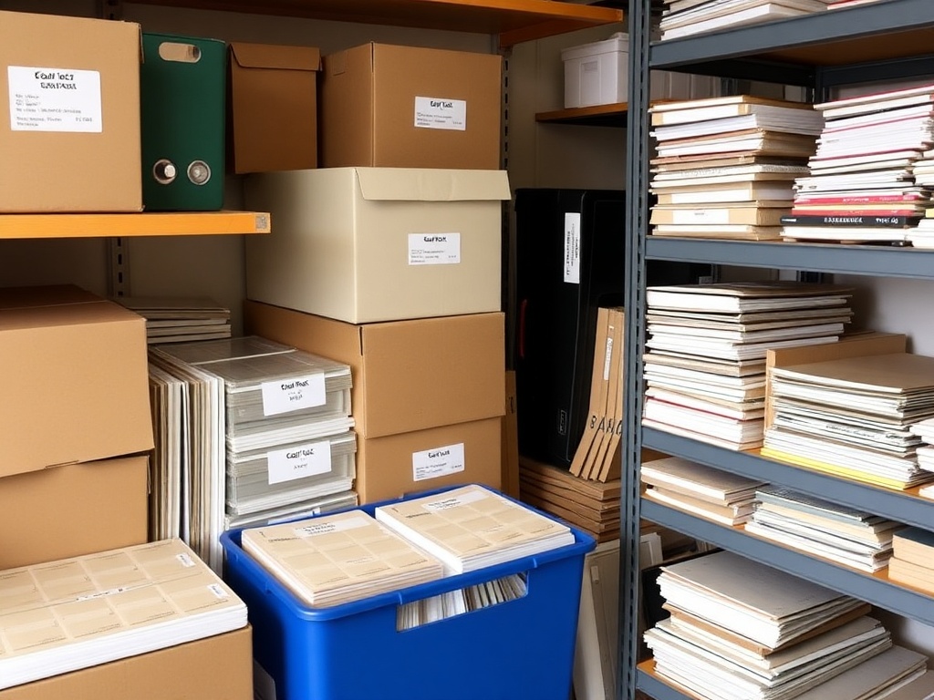 organized card storage setup with boxes, binders, silica packs, and climate-controlled shelving