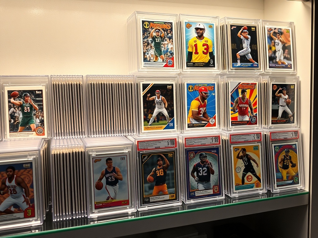 a clean display of trading cards in top loaders and magnetic cases on a shelf with soft lighting