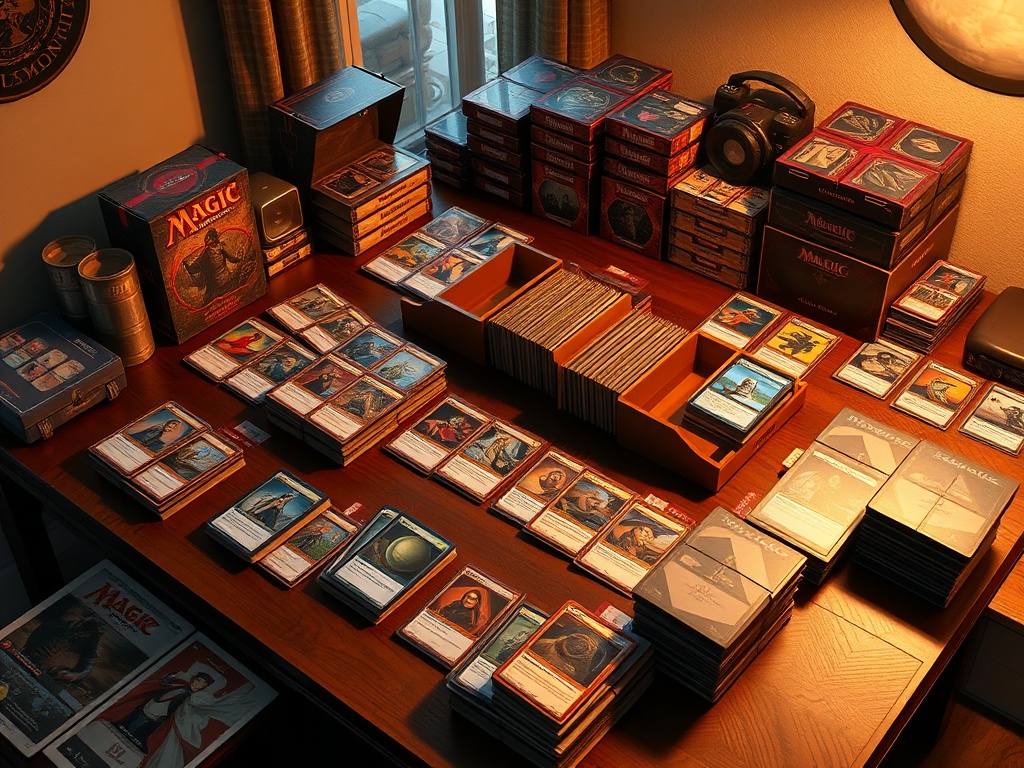 a detailed tabletop setup with trading cards, sleeves, top loaders, and storage boxes neatly arranged in warm lighting