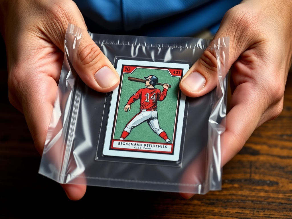 close-up of hands carefully double-sleeving a rare trading card with perfect fit and outer sleeve