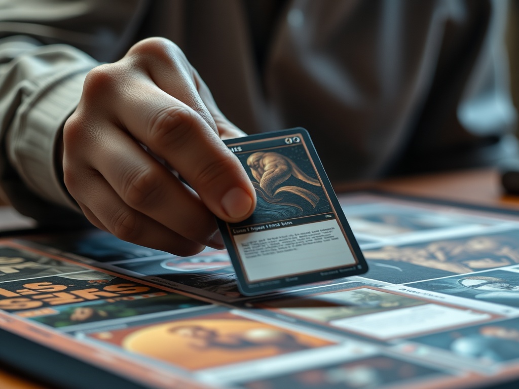 collector handling a trading card carefully by the edges over a playmat with soft lighting