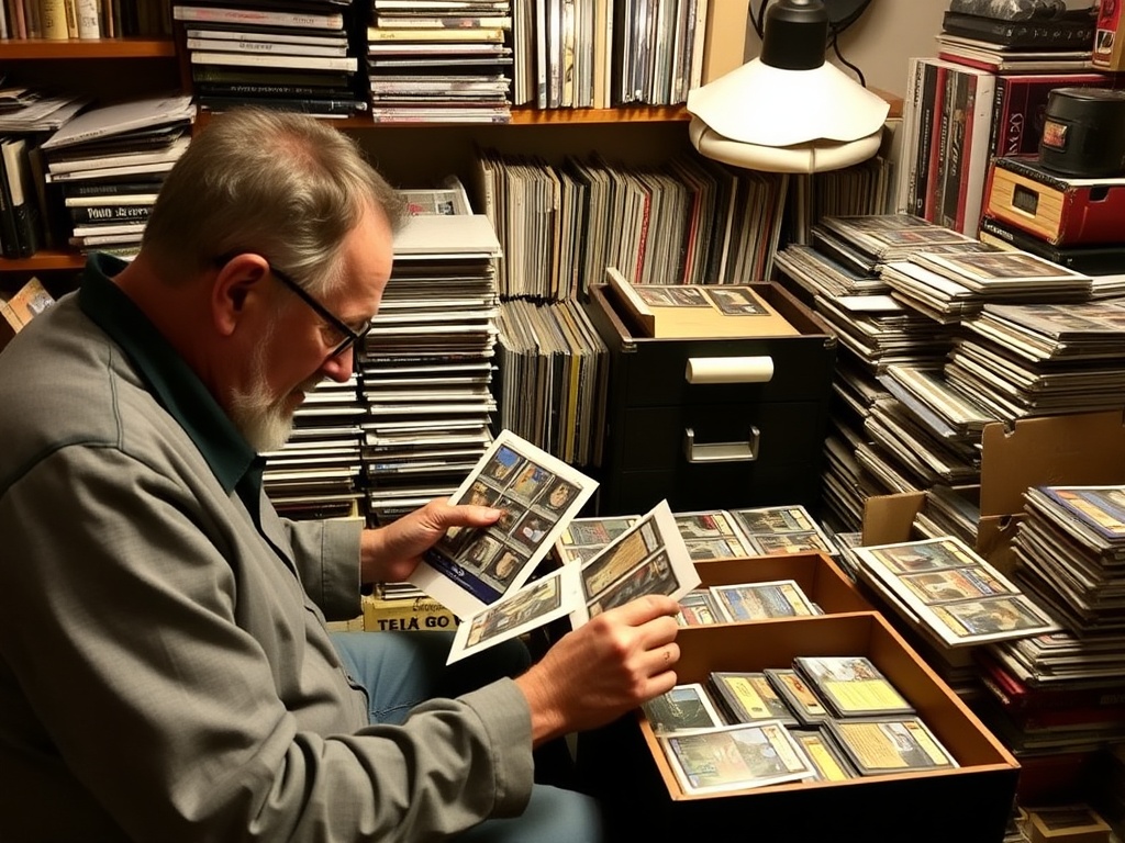 collector reviewing trading cards and reorganizing sleeves and storage boxes