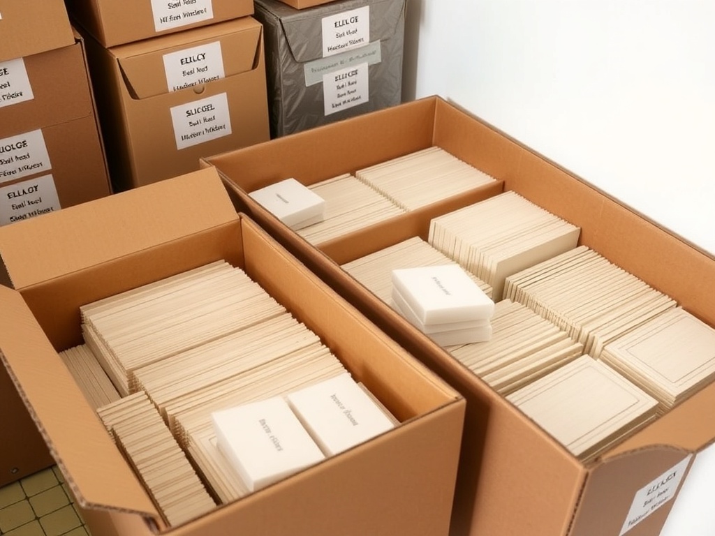 organized card storage boxes with silica gel packs inside, placed in a clean climate-controlled room