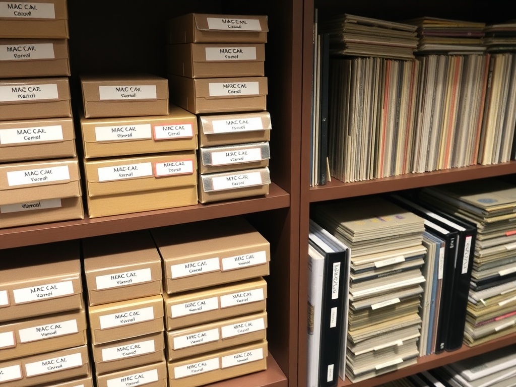 rows of labeled trading card storage boxes and binders neatly organized on shelving